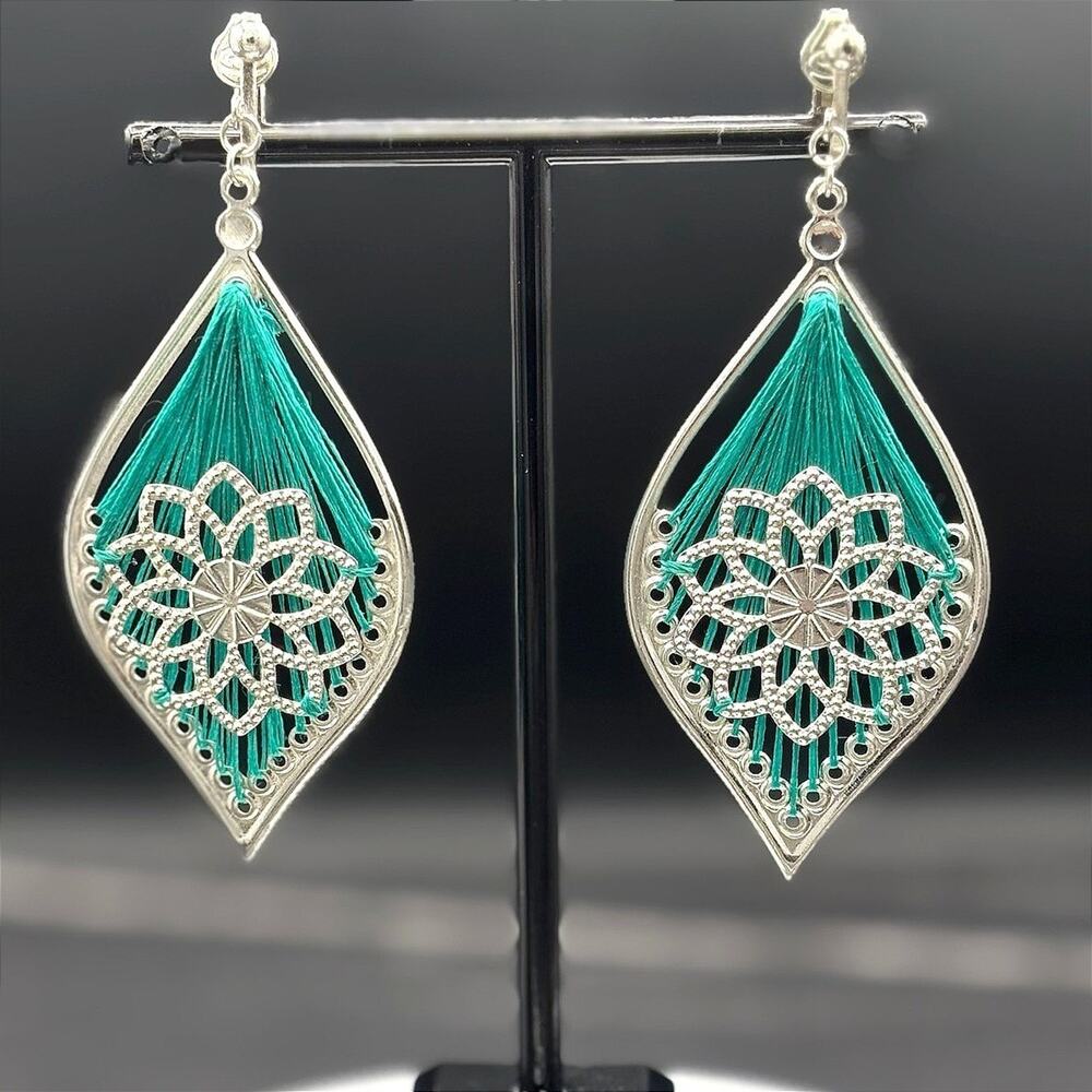 Vintage Y2K Teal Thread Wrapped Mandala Drop Earrings Boho Festival Statement